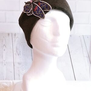 Beanie Hat Slouch Skull Cap and Butterfly Brooch